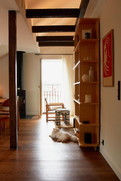 Living room with wooden staircase, bookshelf, and a cat on the floor.