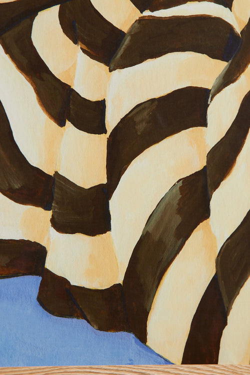 Art print featuring a painting of a plaid against a sky-blue background, flowing with wide stripes in dark chocolate brown and creamy white. Styled in a minimalist interior.