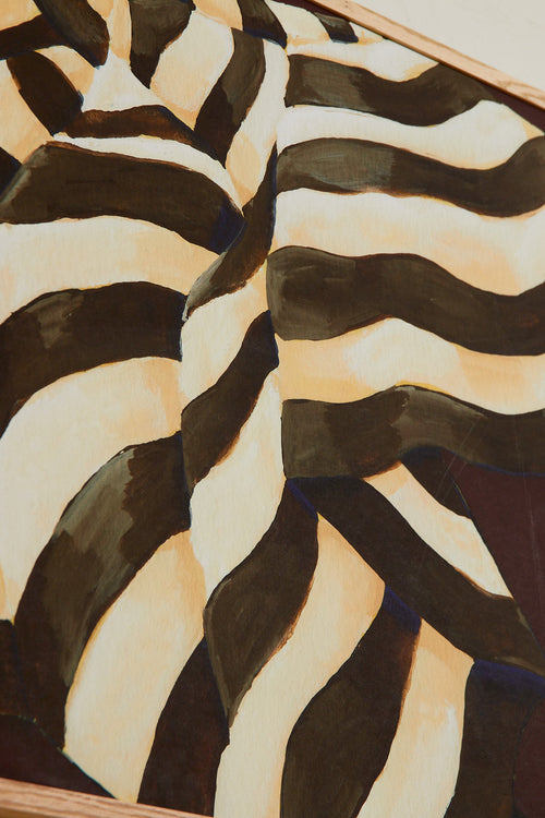 Art print featuring a painting of a plaid against a deep burgundy background, flowing with wide stripes in dark chocolate brown and creamy white. Styled in a minimalist interior.