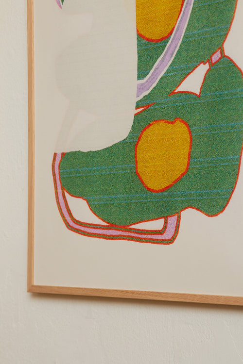 Art print with an abstract artwork featuring soft, overlapping shapes and a grainy texture. Green tones meet light fields and are framed by a distinct yellow core. Styled in a minimalist interior.