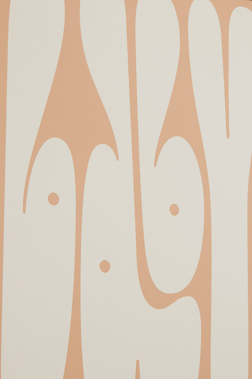 Art print featuring playful, bold typography of the word “Baby” in off-white against a sand beige background. Styled in a minimalist interior.