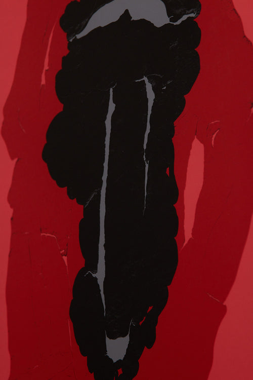 Art print featuring layered, organic forms emerging against a muted red surface, as dark, dense shapes press inward while softer layers surround them. Styled in a minimalist interior.