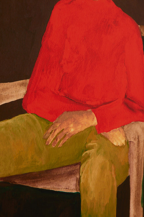 Art print featuring a painting of a person in a red sweater on a wooden chair against a deep brown background. Styled in a minimalist interior.