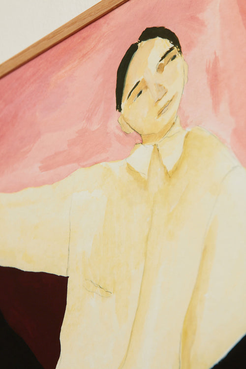 Art print featuring a painting of a person resting against a soft burgundy backdrop in front of a pink wall. The outfit is classic yet comfortable, with slippers and a shirt – business at the top, cozy on the feet. Styled in a minimalist interior.