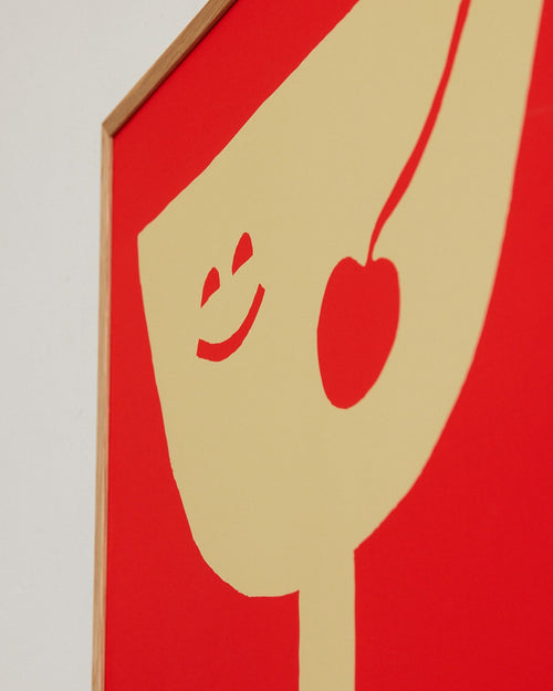 Abstract art piece with a beige figure holding a red apple on a red background
