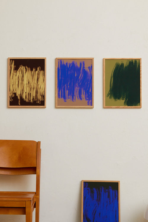 Abstract art print with blue brush strokes on a beige background