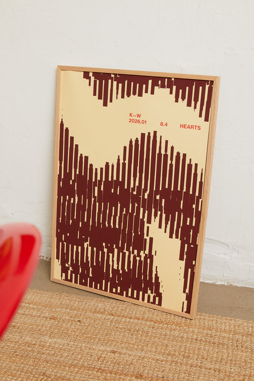 Art print with a graphic illustration of organic, vertical line patterns forming abstract shapes, complemented by small text elements, in brown and beige RAL colors. Styled in a minimalist interior.