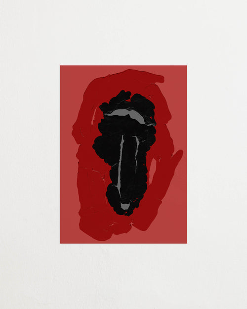 Art print featuring layered, organic forms emerging against a muted red surface, as dark, dense shapes press inward while softer layers surround them. Featured against a light background.