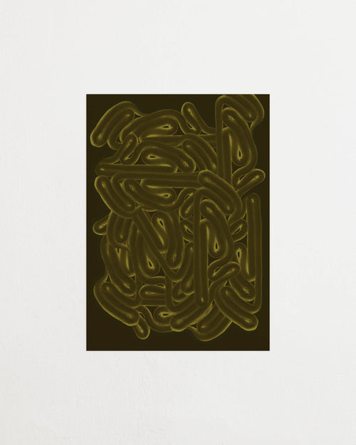 Art print with dense, rounded shapes in two shades of green with yellow accents and a smooth, glossy feel. Featured against a light background.