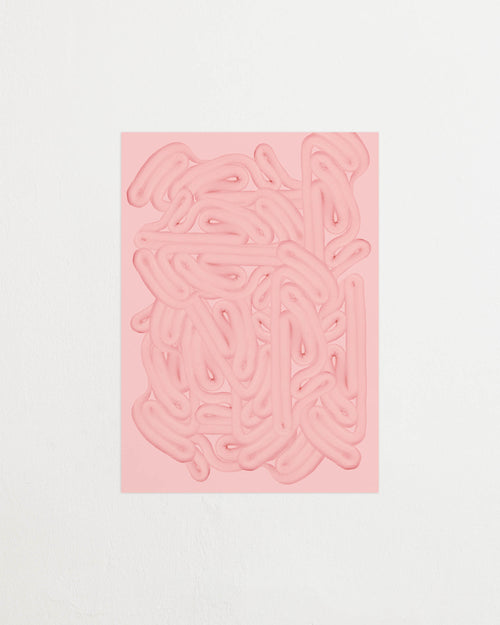 Art print with dense, rounded shapes in two shades of pink with a smooth, glossy feel. Featured against a light background.