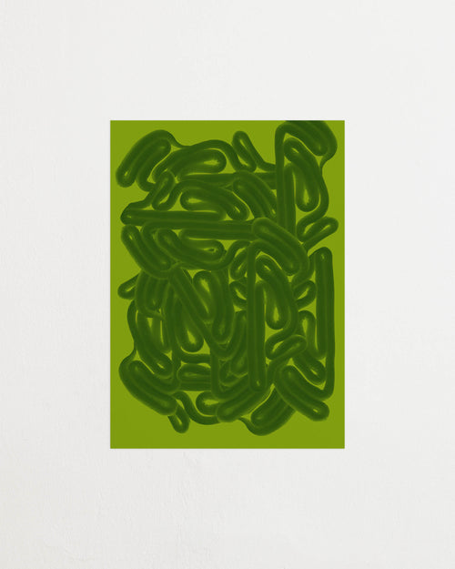 Art print featuring dense, rounded forms in two shades of green with a smooth, glossy feeling. Featured against a light background.
