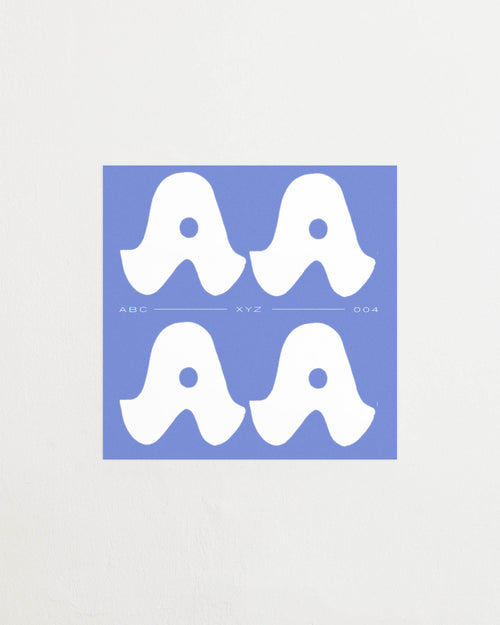 Square-format Art print with a graphic interpretation of the letter “A”. Created in white against a calm blue, lightly grain-textured background. Featured against a light background.