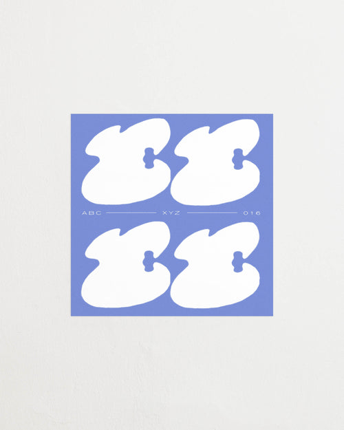 Square-format Art print with a graphic interpretation of the letter “E”. Created in white against a calm blue, lightly grain-textured background. Featured against a light background.