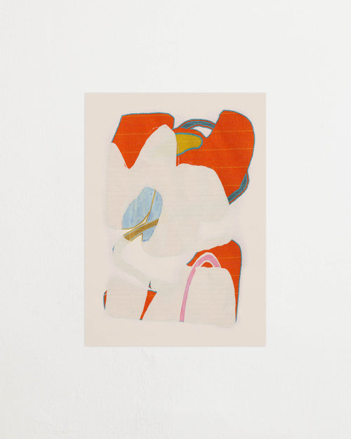 Art print with an abstract artwork featuring soft, overlapping shapes and a grainy texture. Bright red tones meet light fields and are framed by a distinct light blue core. Featured against a light background.