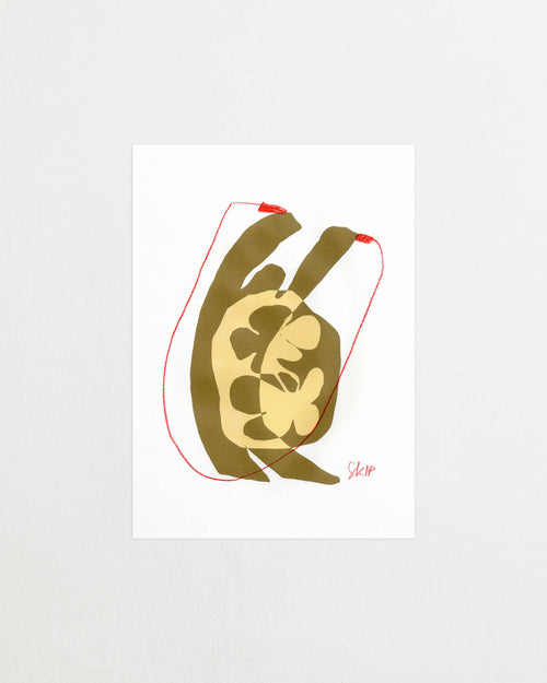 Art print with an abstract illustration of a softly shaped silhouette jumping rope. Grainy texture, hand-drawn lines, and warm ochre and sand tones meet graphic red accents. Featured against a light background.