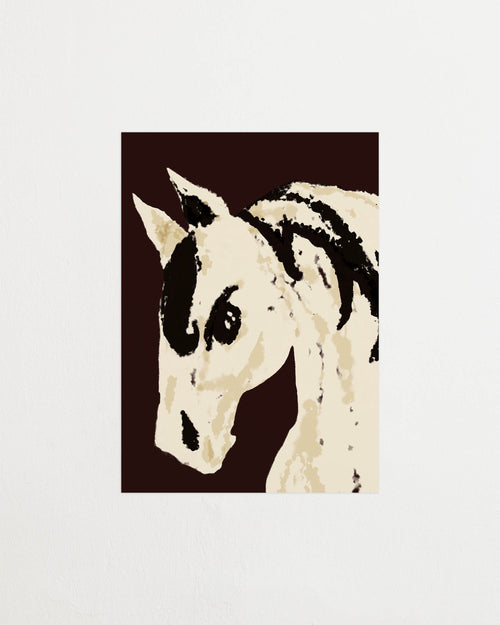 Art print with a stylized illustration of a horse head in light beige and black tones against a dark brown background, with an intentionally blurred and painterly feel. Featured against a light background.