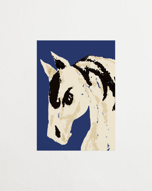 Art print with a stylized illustration of a horse head in light beige and black tones against a cobalt blue background, with an intentionally blurred and painterly feel. Featured against a light background.