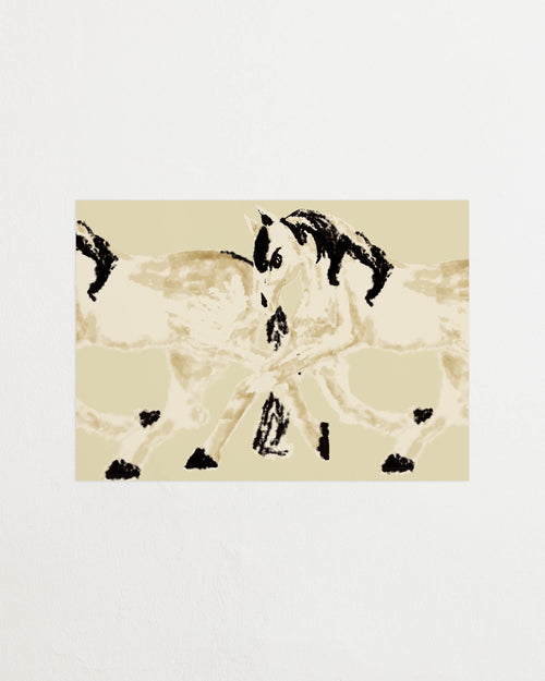Art print with a stylized illustration of two mirrored horses in motion in light beige and black tones against a yellow-beige background, with an intentionally blurred and painterly feel. Featured against a light background.