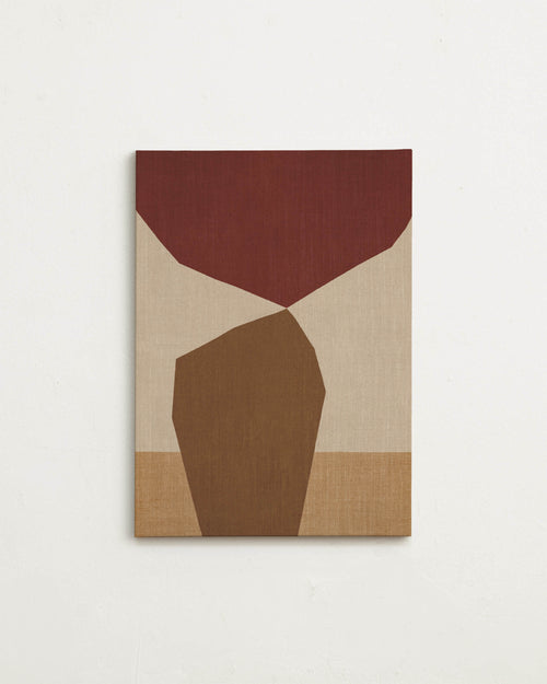Abstract art piece with geometric shapes in brown and beige on a light gray background