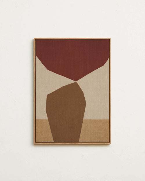 Abstract art piece with geometric shapes in brown and beige on a white background