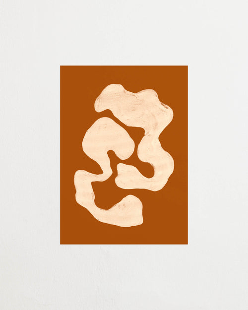 Art print featuring two analogue-themed components wrapping around one another in off-white against a caramel background. Featured against a light background.