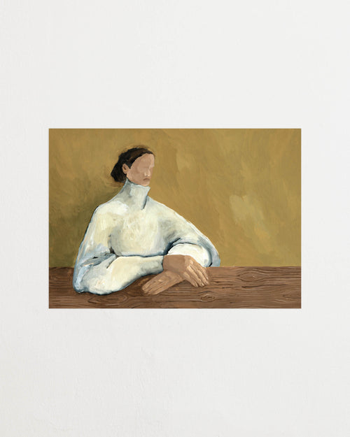 Art print featuring a painting of a person in a white chunky turtleneck against an olive-colored background, resting their hands on a wooden bench. Featured against a light background.