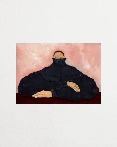 Art print featuring a figurative painting of a seated person in an oversized dark sweater, with the face partially hidden, against a light pink background. Featured against a light background.