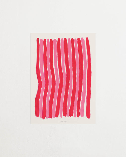 Product image of an art print featuring an abstract, colorful minimalist painting in red and pink tones, with flowing shapes that subtly resemble curtains.