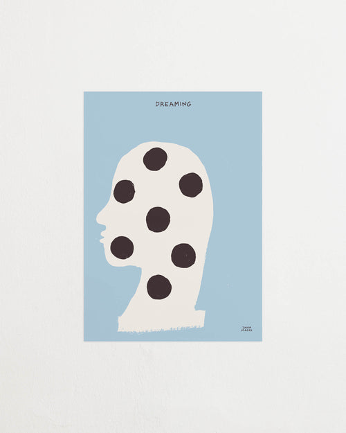 Close-up of the “Thinking” artwork highlighting the dark brown circular shapes inside the head