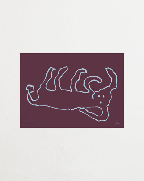 Close-up of the burgundy print showing white continuous line illustration