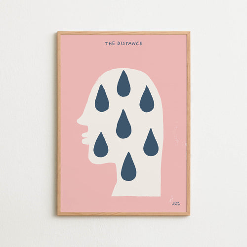 Art print featuring a silhouette of a head in profile with drops and the handwritten note “The Distance”. Featured in a oak frame against a light background.