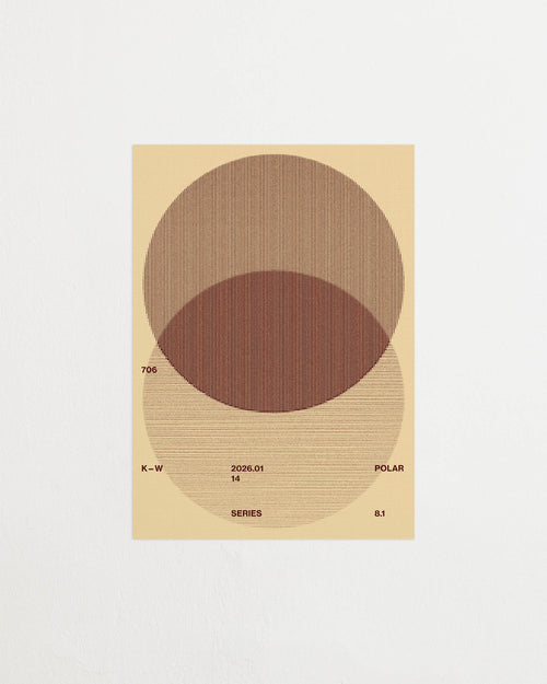 Art print with a graphic illustration of circular forms built from overlapping lines, complemented by small text elements, in brown, red, and beige RAL colors. Featured against a light background.
