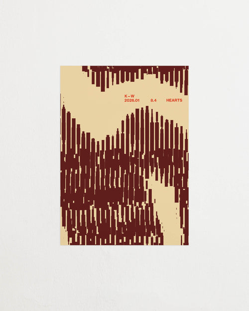 Art print with a graphic illustration of organic, vertical line patterns forming abstract shapes, complemented by small text elements, in brown and beige RAL colors. Featured against a light background.