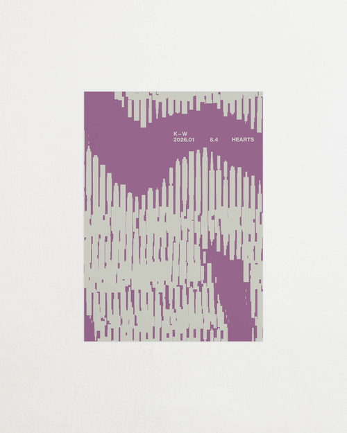 Art print with a graphic illustration of organic, vertical line patterns forming abstract shapes, complemented by small text elements, in purple RAL colors. Featured against a light background.
