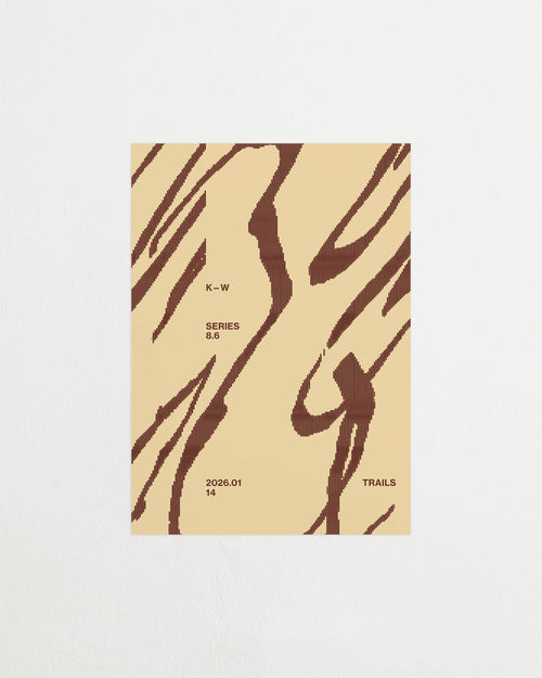 Art print with a graphic illustration of sweeping, organic forms built from dense lines, complemented by small text elements, in brown and beige RAL colors. Featured against a light background.