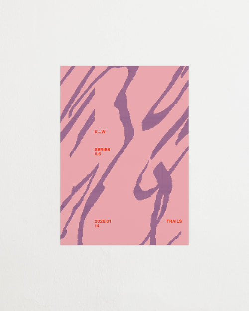 Art print with a graphic illustration of sweeping, organic forms built from dense lines, complemented by small text elements, in pink and purple RAL colors. Featured against a light background.