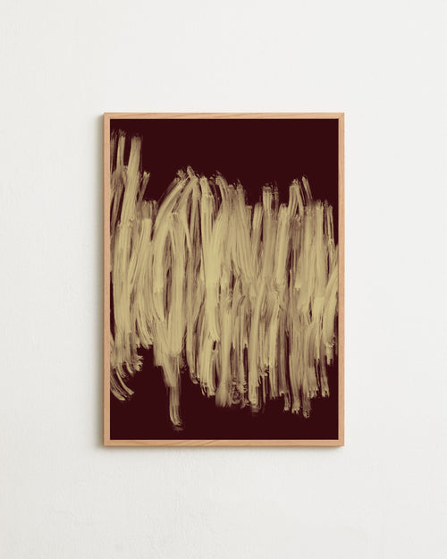 Abstract art piece with beige brush strokes on a dark red background