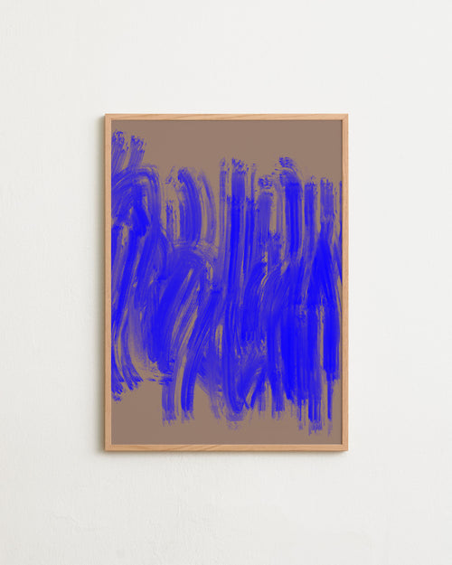 Abstract art print with blue brush strokes on a beige background