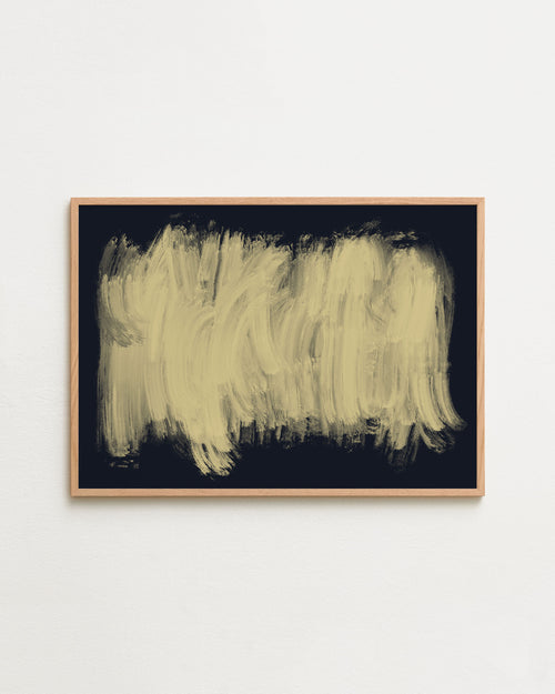 Abstract art piece with a large beige brushstroke on a black background