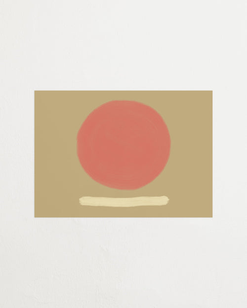 Abstract art with a red circle and white line on a beige background