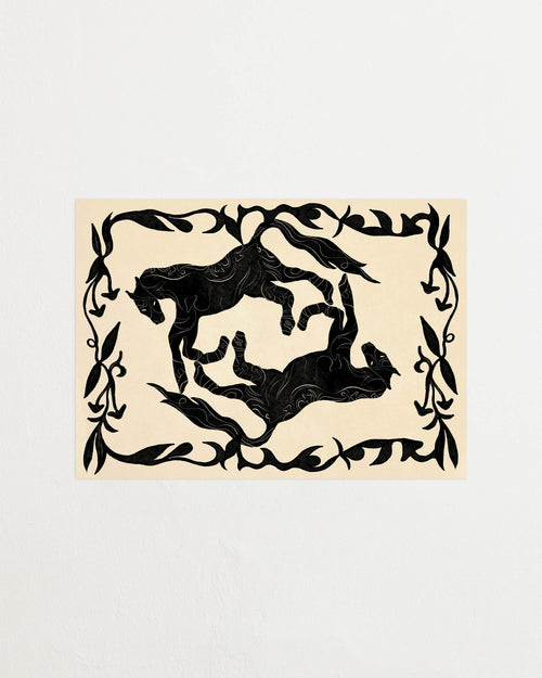 Art print with a minimalist illustration of black, organic, hand-drawn lines and silhouettes of horses against an off-white background. Styled in a minimalist interior.