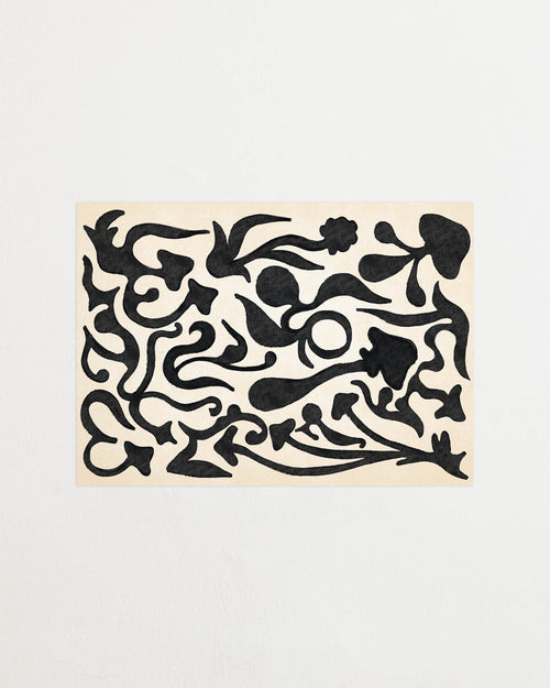 Art print with a minimalist illustration of black, organic, hand-drawn lines against an off-white background. Styled in a minimalist interior.