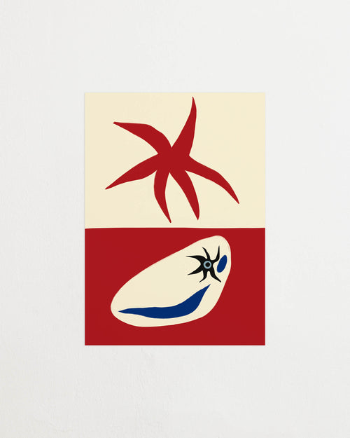 Art print with a graphic, minimalist artwork in red and off-white where organic shapes meet sharp symbols in a playful yet balanced expression. Styled in a minimalist interior.