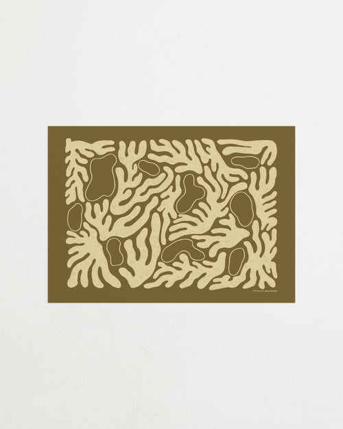 Abstract pattern of interconnected shapes on a beige background