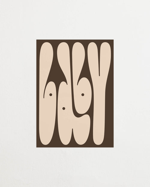 Art print featuring playful, bold typography of the word “Baby” in sand beige against a dark brown background. Featured against a light background.