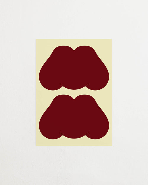 Art print featuring playful, bold typography of the text “MM”, the sound of enjoyment, in burgundy against a yellow-beige background. Featured against a light background.