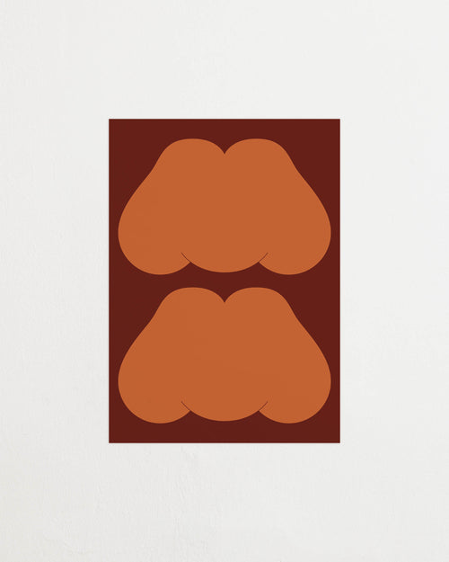 Art print featuring playful, bold typography of the text “MM”, the sound of enjoyment, in rust orange against a dark brown background. Featured against a light background.