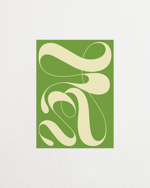 Art print featuring exploratory organic forms emerging in two shades of green. Featured against a light background.