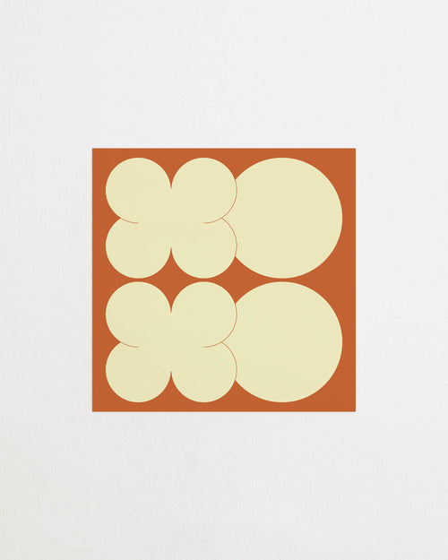 Square-format Art print featuring playful, bold typography of the letters X and O, hugs and kisses, in yellow against an orange background. Featured against a light background.