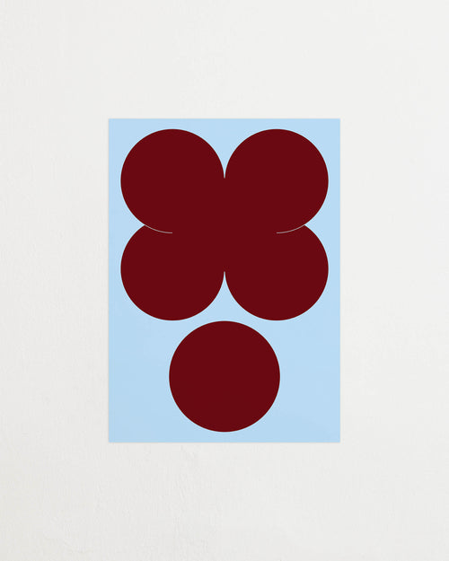 Art print featuring playful, bold typography of the letters X and O, hugs and kisses, in burgundy against a light blue background. Featured against a light background.